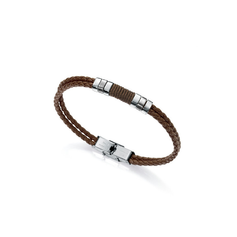 PULSERA PIEL DOBLE TRENZADA FINA Y ACERO - 6456P01011