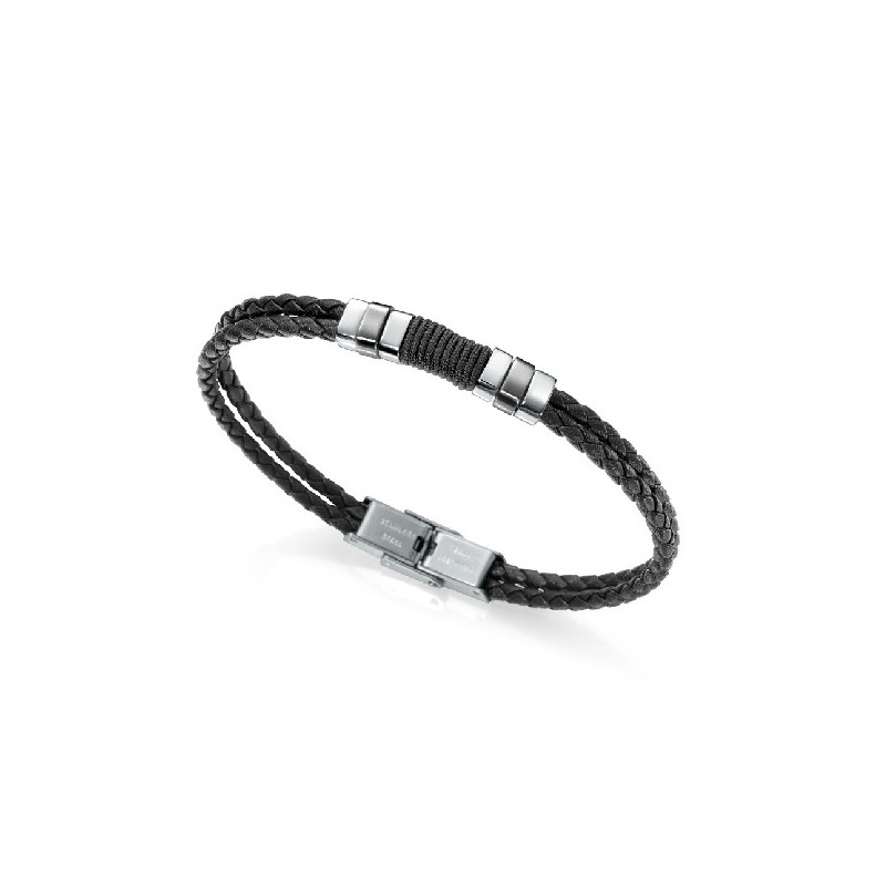 PULSERA PIEL DOBLE TRENZADA FINA Y ACERO - 6456P01010